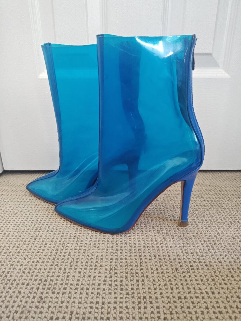 Transparent Blue Women's Ankle-height Stiletto Boots, size 8.5